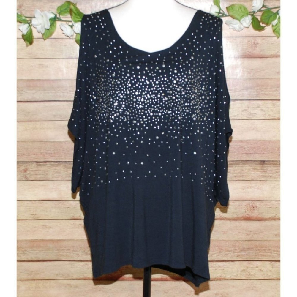 Venus Womens Black Studded Open Shoulder Blouse Top Size 3X Stretch Short Sleeve